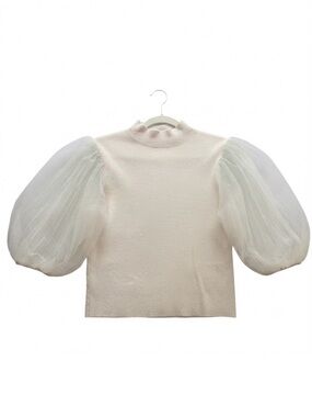 Romantic Blush Pink + Cream Sheer Balloon Statement Sleeve Ribbed Knit Blouse